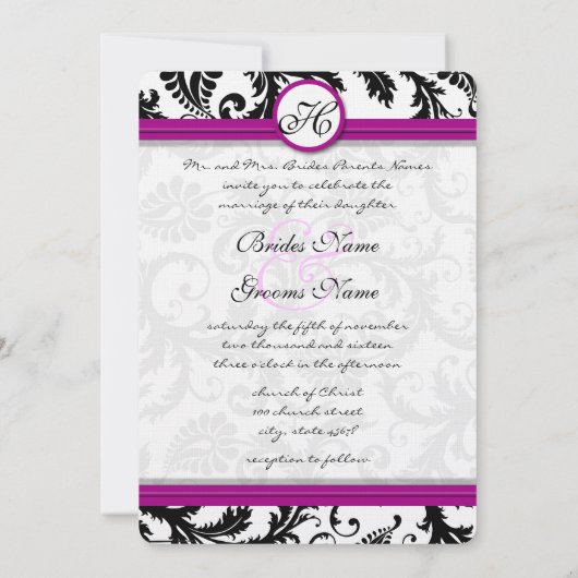 Paarse Fuchsia Damask Swirl Wedding Invitations Kaart (Achterkant)