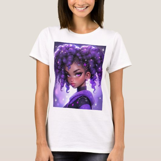 Paarse Galaxy Girl met krullend haar T-shirt (Voorkant)