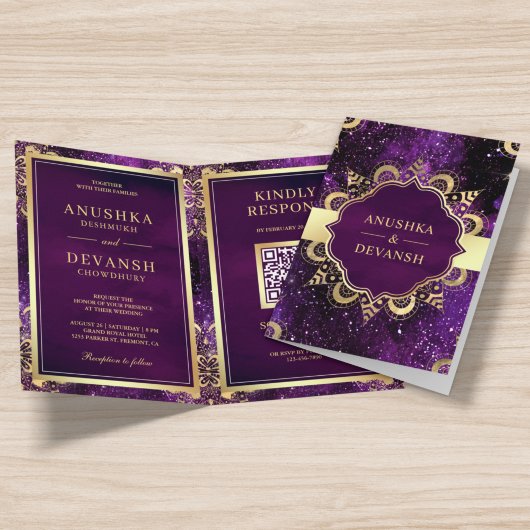 Paarse Galaxy Gouden Mandala QR Code Indiase Trouw