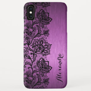 Paarse geborsteld aluminium & zwart bloemenkant iPhone XS max hoesje