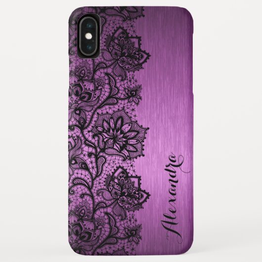 Paarse geborsteld aluminium & zwart bloemenkant Case-Mate iPhone case (Achterkant)