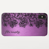 Paarse geborsteld aluminium & zwart bloemenkant Case-Mate iPhone case (Achterkant (horizontaal))