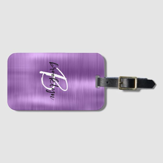 Paarse geborsteld metaal zwart wit script monogram bagagelabel (Voorkant (horizontaal))