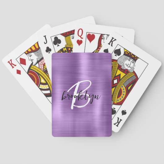 Paarse geborsteld metaal zwart wit script monogram pokerkaarten (Achterkant)