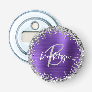 Paarse Geborstelde Metaal Zilveren Glitter Monogra Button Flesopener