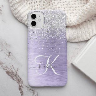 Paarse Geborstelde Metaal Zilveren Glitter Monogra iPhone 13 Pro Max Hoesje