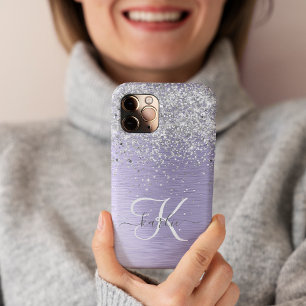 Paarse Geborstelde Metaal Zilveren Glitter Monogra iPhone 16 Pro Hoesje
