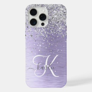 Paarse Geborstelde Metaal Zilveren Glitter Monogra iPhone 15 Pro Max Hoesje