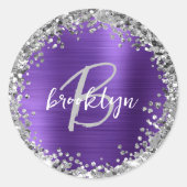 Paarse geborstelde metalen zilveren glitter monogr ronde sticker (Voorkant)