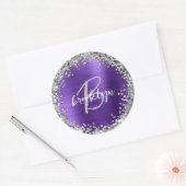 Paarse geborstelde metalen zilveren glitter monogr ronde sticker (Envelop)