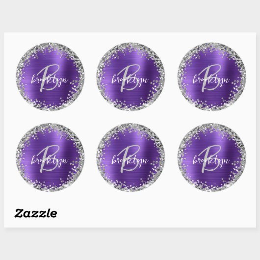 Paarse geborstelde metalen zilveren glitter monogr ronde sticker (Vel)