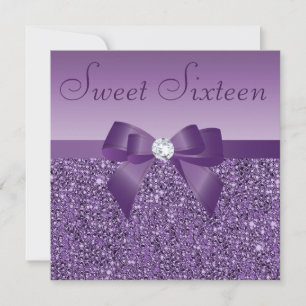 Paarse gedrukte pailletten Bow & Diamond Sweet 16 Kaart