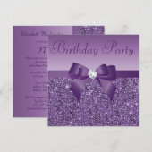 Paarse gedrukte sequins Bow & Diamond Birthday Kaart (Voorkant / Achterkant)