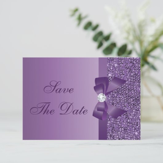 Paarse gedrukte Sequins Wedding sparen de Datum Save The Date (Staand voorkant)