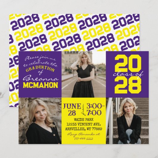 Paarse & Geel 3 Foto Afstuderen Uitnodiging (Voorkant / Achterkant)