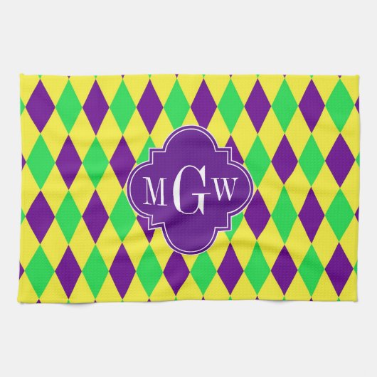 Paarse Geel Groen Harlequin Purp Quat 3 Monogram Theedoek (Horizontaal)