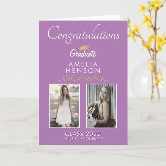 Paarse Gefeliciteerd Afstuderen 2 Foto Afstuderen Kaart (Gele Bloem)