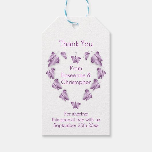 Paarse gekleurde vlinders ontwerp bruiloft cadeaulabel (Voorkant)