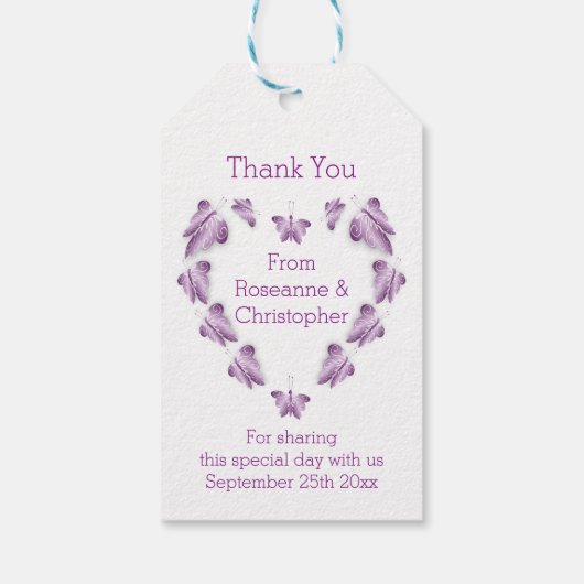 Paarse gekleurde vlinders ontwerp bruiloft cadeaulabel (Achterkant)