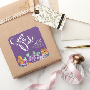 Paarse gele bloemen bewaren de datum vierkante sticker