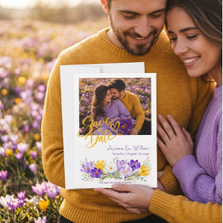 Paarse Gele Crocus Bloem Foto Save The Date Kaart