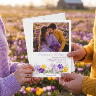 Paarse Gele Crocus Bloemige Foto Bruiloft Kaart