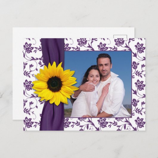Paarse gele damast zonnebloem bewaar de datum aankondigingskaart (Voorkant / Achterkant)