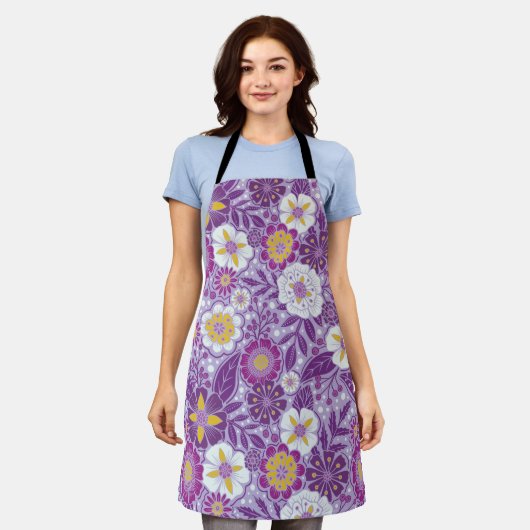 Paarse, gele en magenta Floral Schort (Gedragen)