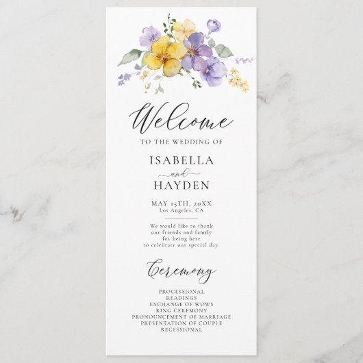 Paarse gele lavendel Lila bloemenrustieke bruiloft Programma (Voorkant)