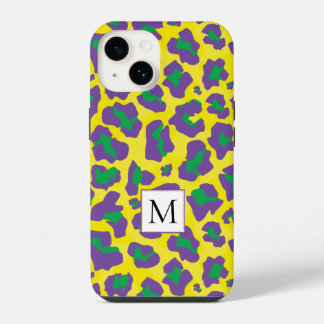 Paarse, gele luipaard dierenprint en monogram iPhone 14 hoesje