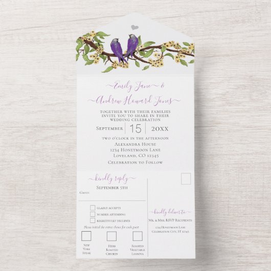 Paarse gele vevogel Geheime bostuin All In One Uitnodiging (Binnen)