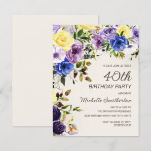 Paarse Gele Waterverf Floral 40e verjaardag Kaart