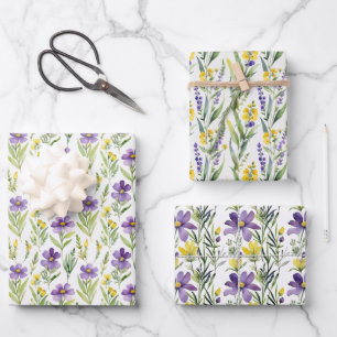 Paarse Gele Wilde Bloemen Aquarel Bruidsdouche Inpakpapier Vel