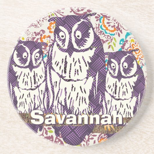 Paarse Geometrische Owl familie Zandsteen Onderzetter (Voorkant)