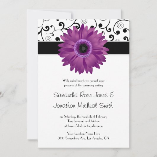 Paarse Gerbera Daisy Black Scroll Design Wedding Kaart (Voorkant)