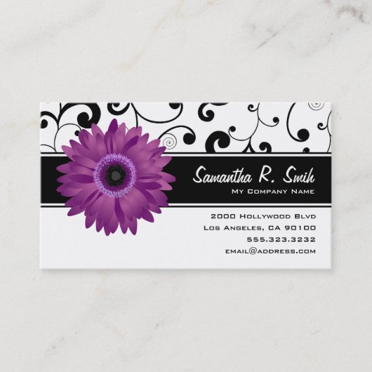 Paarse Gerbera Daisy Black & White Scroll Visitekaartje (Voorkant)