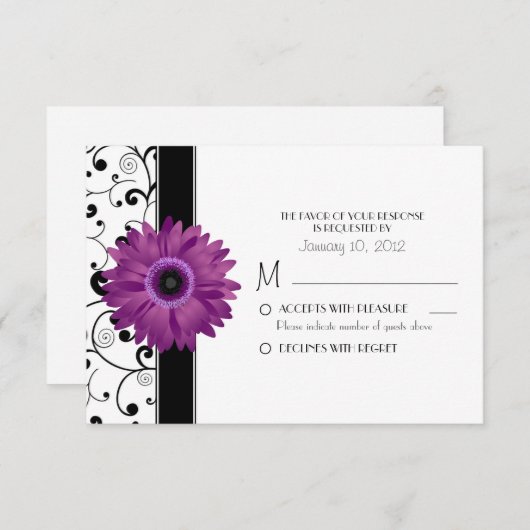 Paarse Gerbera Daisy met Black Scroll Design RSVP (Voorkant / Achterkant)