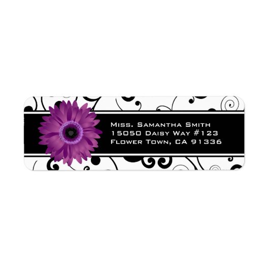 Paarse Gerbera Daisy Zwart & Wit Scroll Etiket (Voorkant)