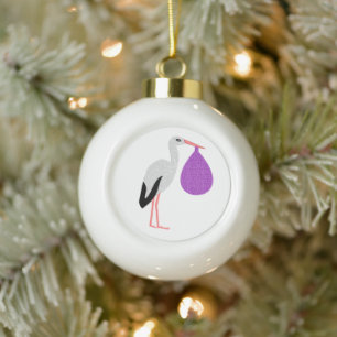 Paarse geslachtsneutrale Baby Ooievaar Eerste Kers Keramische Bal Ornament