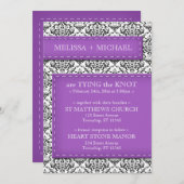 Paarse gestikte Damask huwelijksuitnodigingen Kaart (Voorkant / Achterkant)