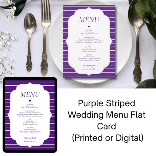 Paarse Gestreepte Trouwmenu Plat Kaart