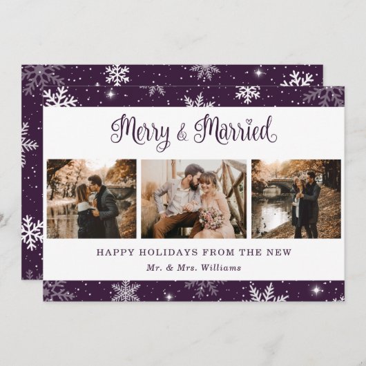 Paarse getrouwde Pas getrouwd Snowflake Foto Feestdagenkaart (Voorkant / Achterkant)