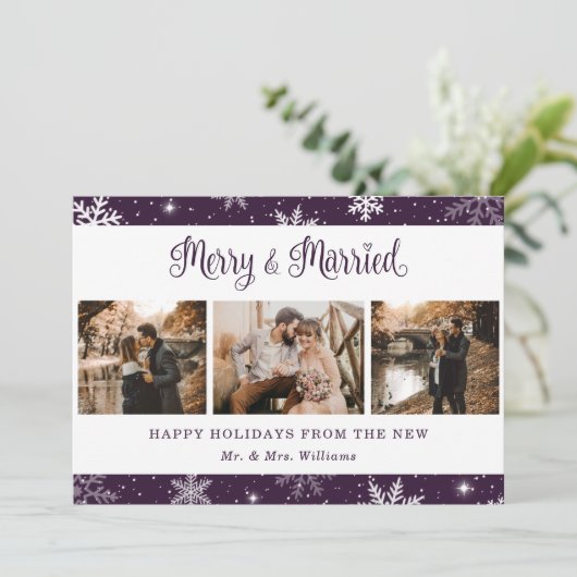 Paarse getrouwde Pas getrouwd Snowflake Foto Feestdagenkaart (Staand voorkant)