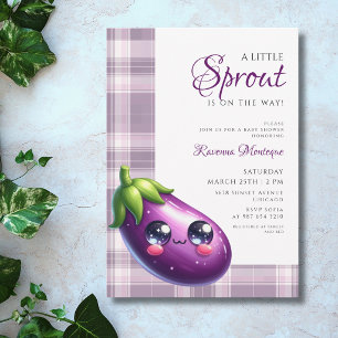 Paarse Gingham Aubergine Kleine Spruit Baby Shower Kaart