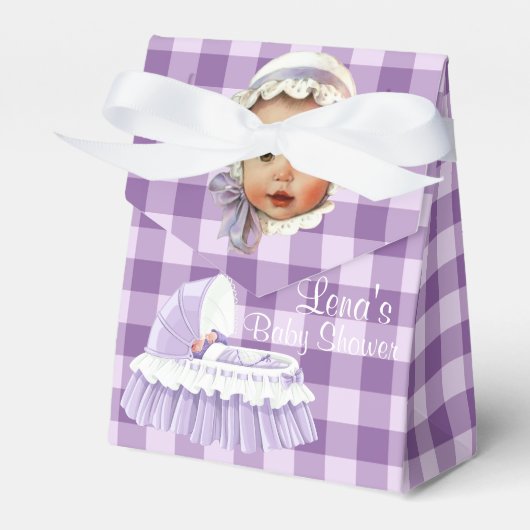 Paarse Gingham-Baby & Ruffled Bassinet Favor Boxes Bedankdoosjes (Voorkant Zijde)