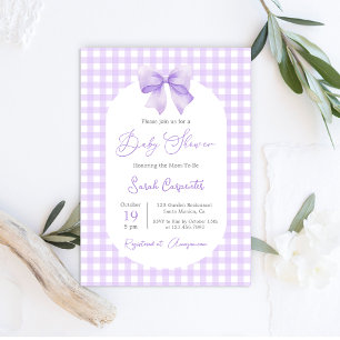 Paarse Gingham Baby shower uitnodiging met boog
