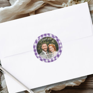 Paarse Gingham Bedankt Foto Ronde Sticker