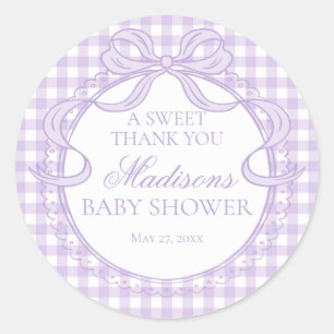 Paarse Gingham Coquette Strik Baby Shower Favoriet Ronde Sticker