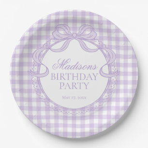 Paarse Gingham Coquette Strik Verjaardagsfeestje Papieren Bordje
