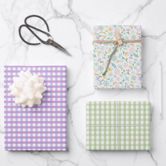 Paarse Gingham en Bloemen Inpakpapier Sh (Voorkant)